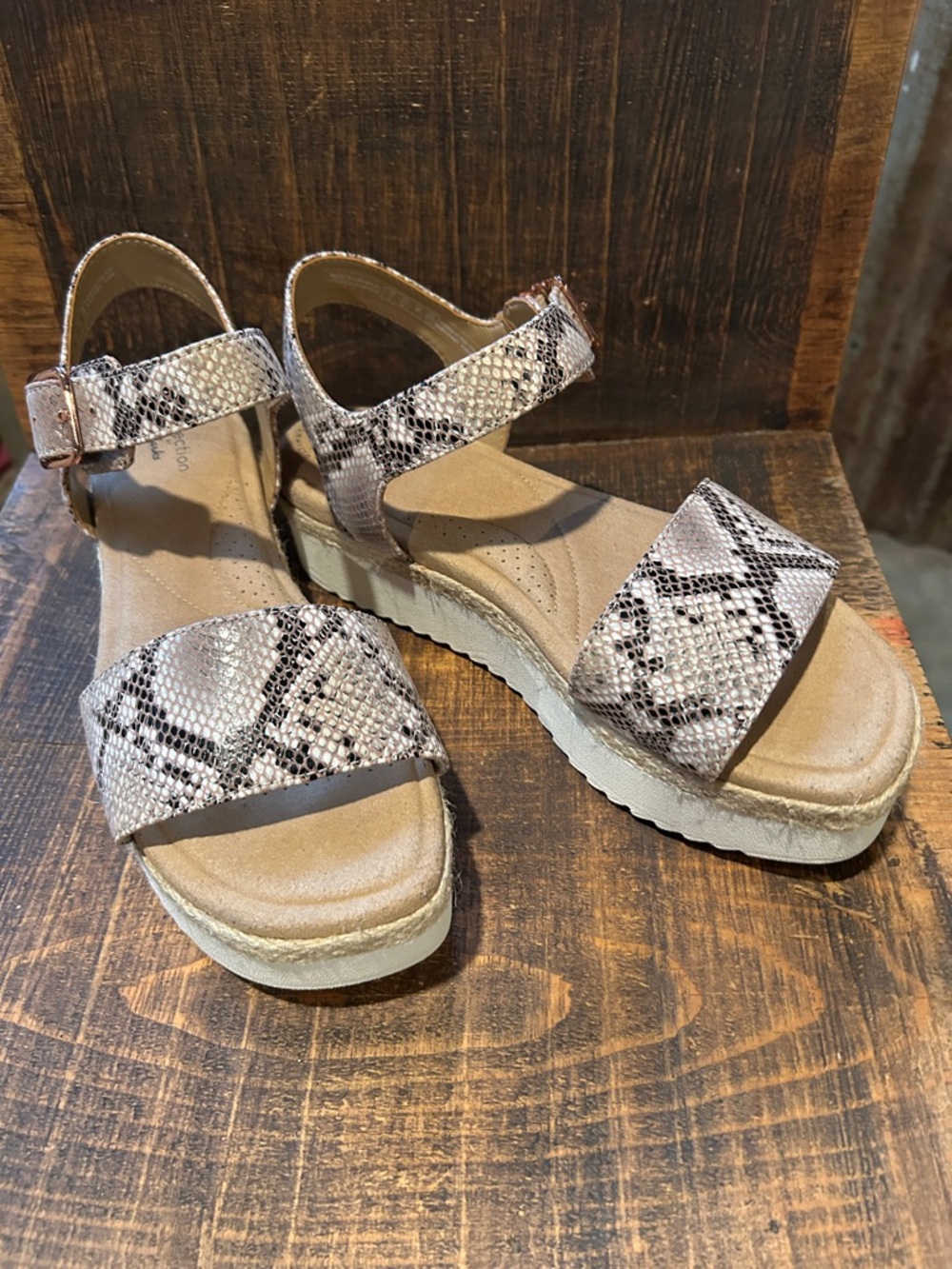 Clarks Snake-Print Platform Sandals in Beige and Black